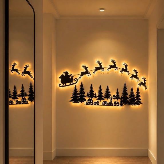 Christmas Reindeer Press On Illuminated Wooden Wall Decor Light Set, Push-button Santa Sleigh & Forest Village Silhouette, 59.1in & 35.43in Christmas Wall Hanging Ornament for Home Decorations Indoor