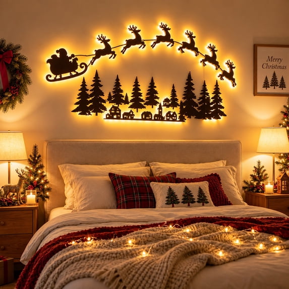Christmas Reindeer Press On Illuminated Wooden Wall Decor Light Set, Santa Sleigh & Forest Village Silhouette With Remote Control, 59.1in & 35.43in Christmas Wall Hanging Ornament for Home Decor