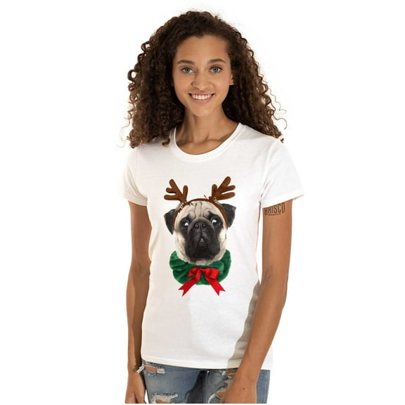 Christmas Reindeer Pug Adorable Womens Slim Fit Graphic Tee Brisco Brands M