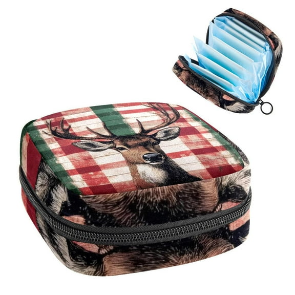 Christmas Reindeer on Red Green Checked Plaid Sanitary Napkin Storage Bag, Zipper Menstrual Cup Pouch Feminine Menstruation First Period Pads Holder for Girls Women Ladies