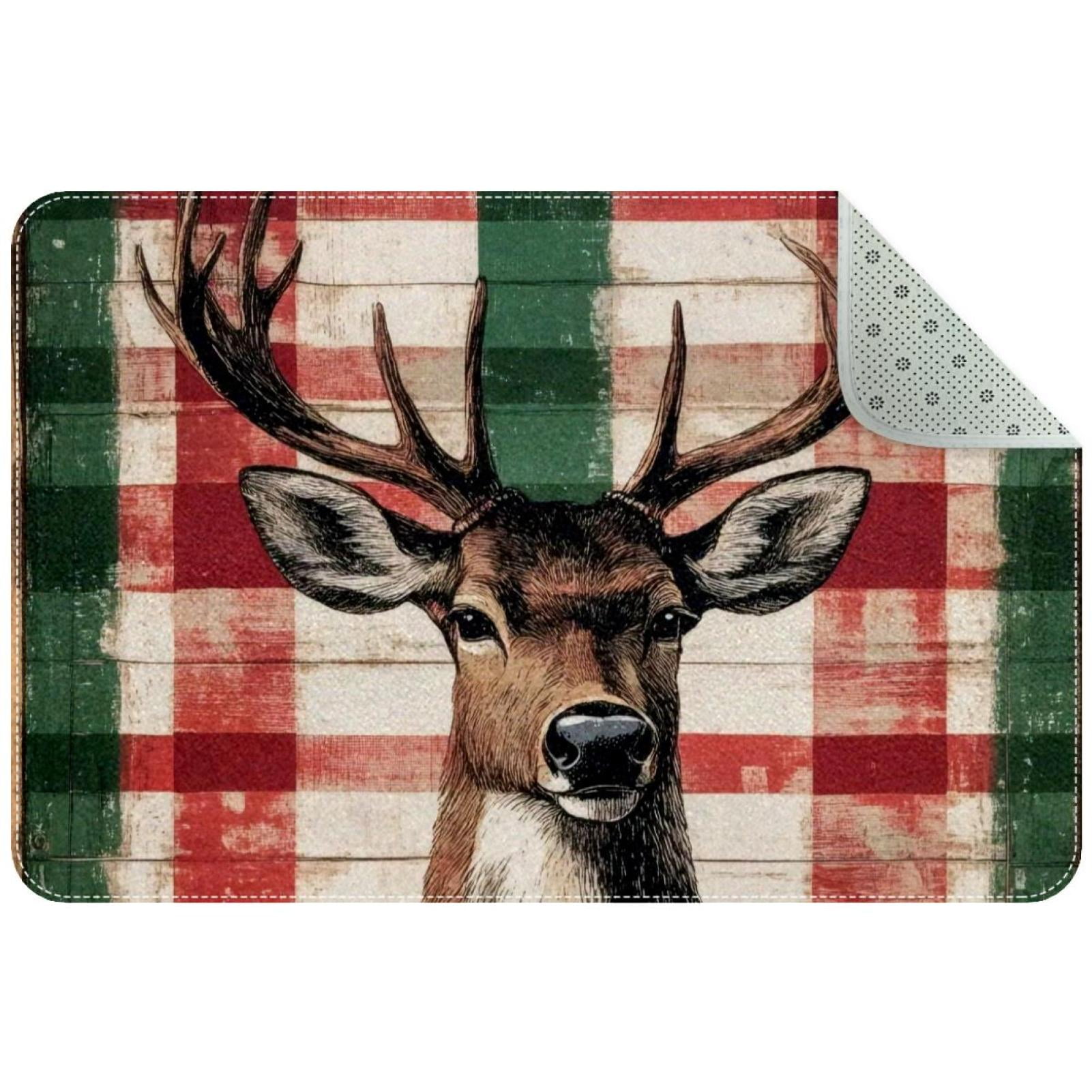Christmas Reindeer on Red Green Checked Plaid Soft Area Rug for Living