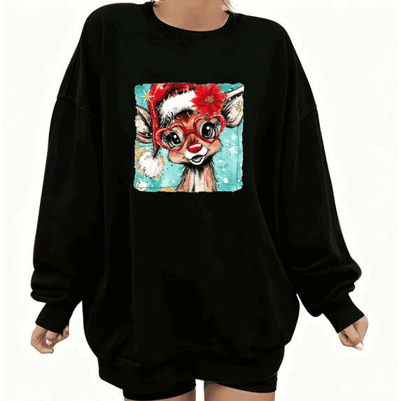 Christmas Reindeer Red Nose Graphic Trendy Tee T-Shirt Top Print Round-neck long-sleeved Black S-3XL