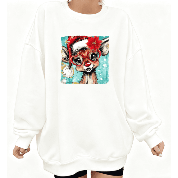 Christmas Reindeer Red Nose Graphic Trendy Tee T-Shirt Top Print Round-neck long-sleeved white S-3XL