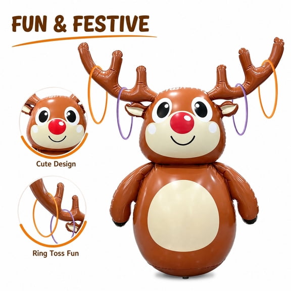 Christmas Reindeer Ring Toss Game for Kids, Wobble Inflatable Christmas Deer Game, Backyard and Living Room Holiday Game for Family Holiday Gatherings