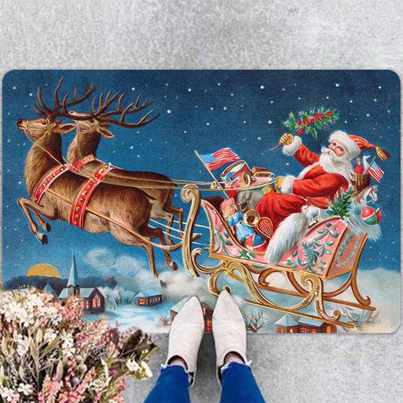 Christmas Reindeer Santa Door Mat Indoor Outdoor Non-Slip Rubber Holiday Welcome Entrance Floor Mat for Home Decor 16 x 24 Inch