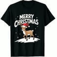 thumbnail image 1 of Christmas Reindeer Santa Hat Merry Print Black Graphic T-Shirt for Men and Women, 1 of 4