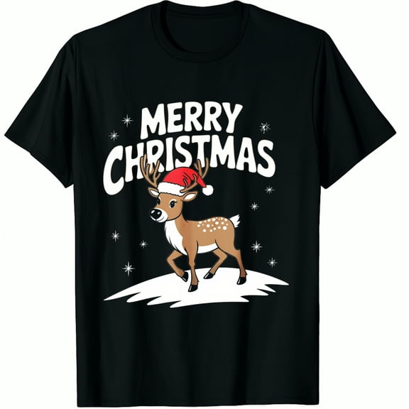 Christmas Reindeer Santa Hat Merry Print Black Graphic T-Shirt for Men and Women