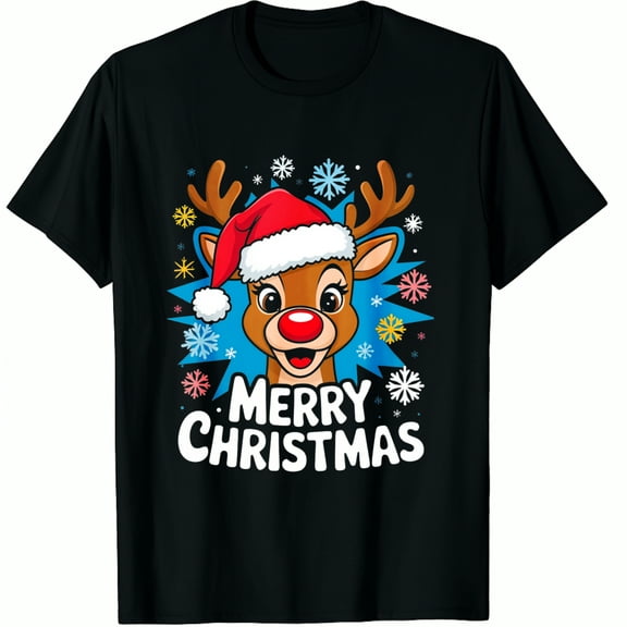 Christmas Reindeer Santa Hat Nose Snowflake Merry Print Holiday Party Gift Wear Black Graphic T-Shirt for Men and Women