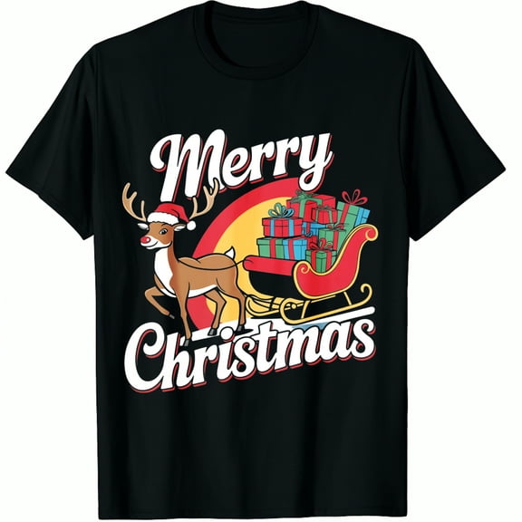 Christmas Reindeer Sleigh Gift Design Merry Print Black Graphic T-Shirt for Men and Women