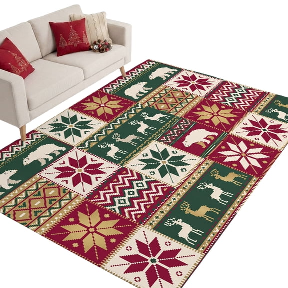 Christmas Reindeer Snowflake 9'x12' Large Area Rugs Crimson Green Fair Isle Squares Washable Area Rugs Non-Slip Indoor Floor Mats for Villa Parlour, Hotel Lounge, Recreation Room
