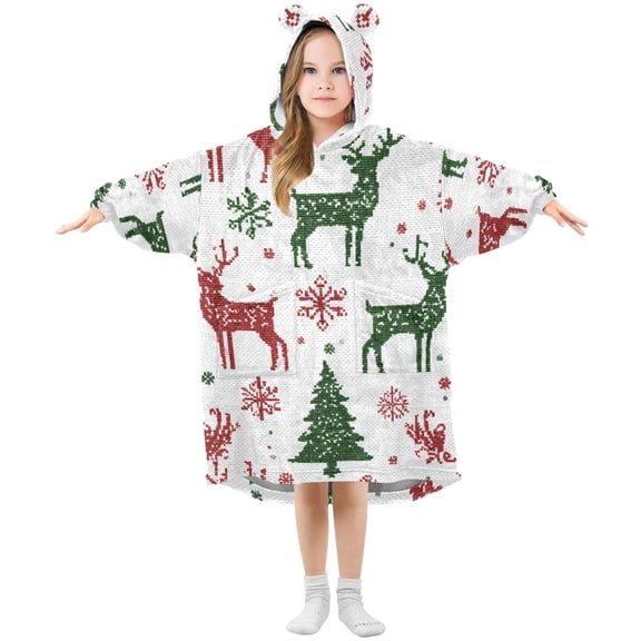 Christmas Reindeer Snowflake Knit Pattern Flannel Wearable Blankets Hooded Design Long Sleeves Wrap Unisex for 3T-14Y S