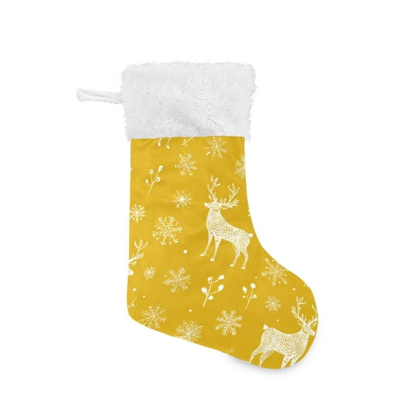 Christmas Reindeer Snowflake Leaves Yellow Background Christmas Stockings Large Capacity 18 inch Gift Bag with Hook Xmas Holiday Decor 1 Pack
