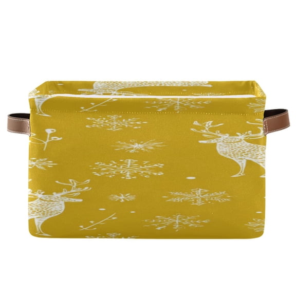 Christmas Reindeer Snowflake Leaves Yellow Background Square Storage Bins with Handles Collapsible Containing Box 1 Pack