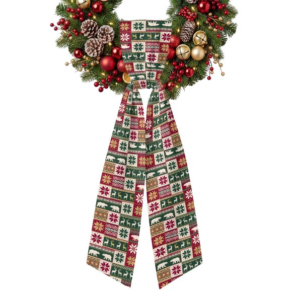 Christmas Reindeer Snowflake Wreath Sash for Front Door 4.5"x56", Crimson Green Fair Isle Squares Double-Sided Bow Ribbon Decor for Wreaths, Stair Railings, Fireplace Mantel