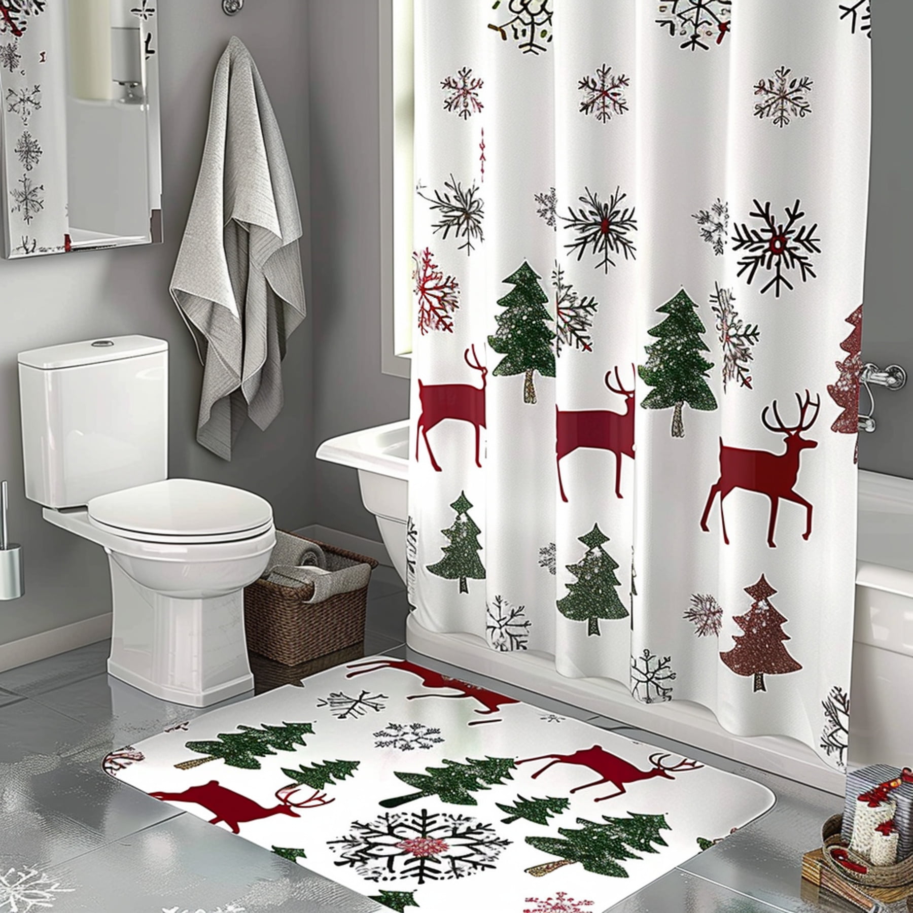 Christmas Reindeer Snowflakes Bathroom Set with Shower Curtain White