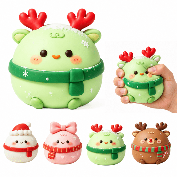 Christmas Reindeer Squishy Toys, 3.94 in Flour Filled Stress Relief Squeeze Fidget, Green Red Antler Style for Stocking Stuffers and Christmas Gifts