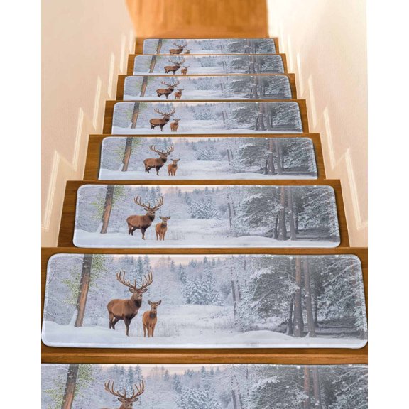 Christmas Reindeer Stair Treads for Wooden Steps Indoor Runner Rug Carpet, Winter Forest Snowy Sunset Lake 15 Pieces Peel and Stick Staircase Step Treads Covers Washable Throw Door Mats, 30"x8"