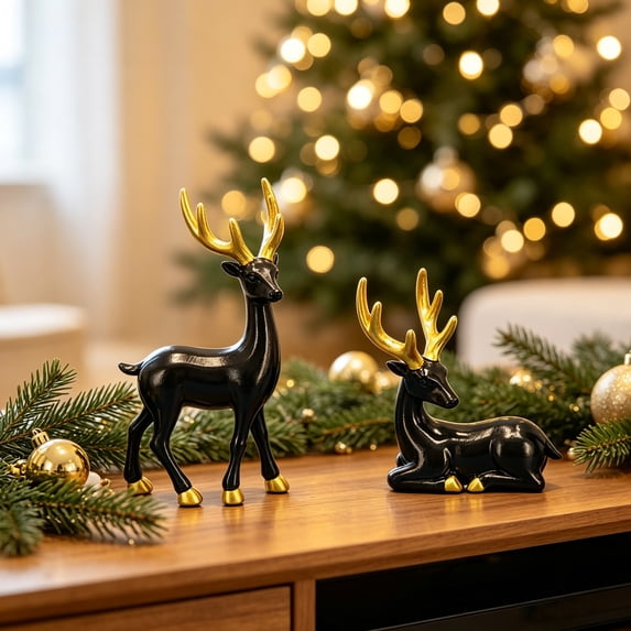 Christmas Reindeer Statue Ornaments,Resin Sitting Standing Deer Figurines,Christmas Decoration for Office Living Room Shelf Tv Cabinet Wine Cabinet Gifts,One Pair