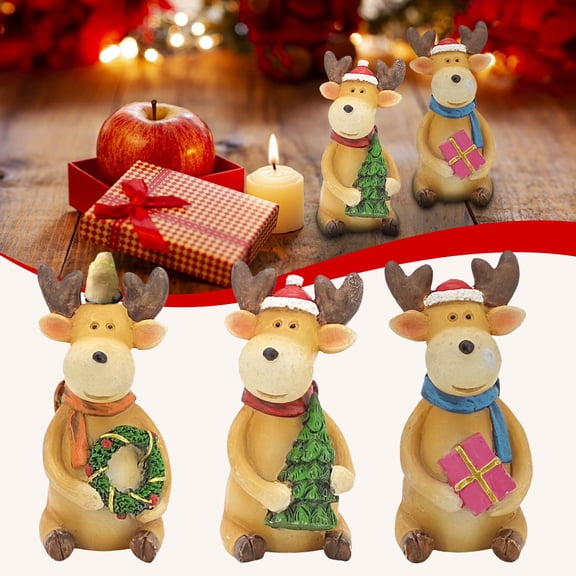Christmas Reindeer Statue Set 3 Piece Cute Deer Figurines Christmas Decorations Resin Reindeer Ornaments for Christmas Tree Mantel Shelf Tabletop Decor Holiday Home Decor Gift Set
