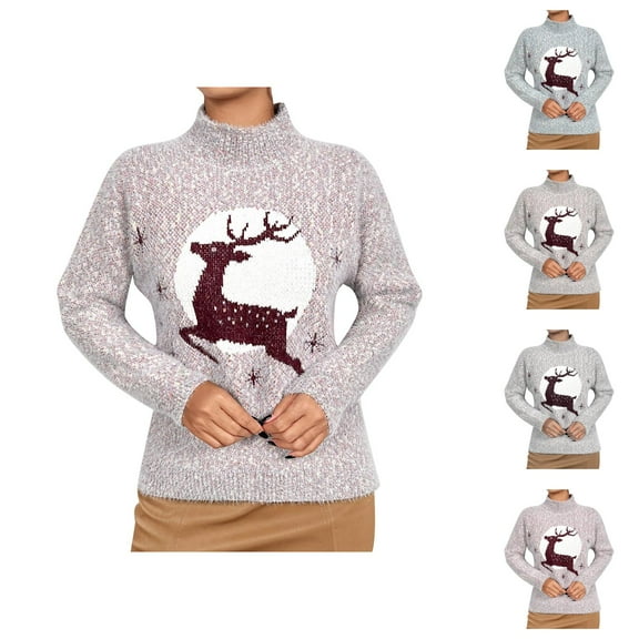 Christmas Reindeer Sweaters for Women 2025 Long Sleeve Turtleneck Festive Xmas Pullover Sweater Jumper Tops