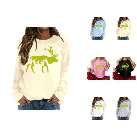 Christmas Reindeer Sweatshirts for Women 2025 Long Sleeve Crewneck Holiday Xmas Graphic Sweatshirt Pullover Tops