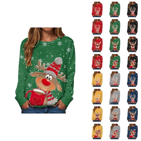Christmas Reindeer Sweatshirts for Women 2025 Long Sleeve Crewneck Snowflake Cute Deer Graphic Sweatshirt Pullover Tops