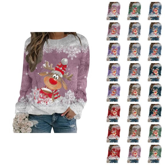 Christmas Reindeer Sweatshirts for Women 2025 Long Sleeve Crewneck Snowflake Deer Graphic Sweatshirt Pullover Tops