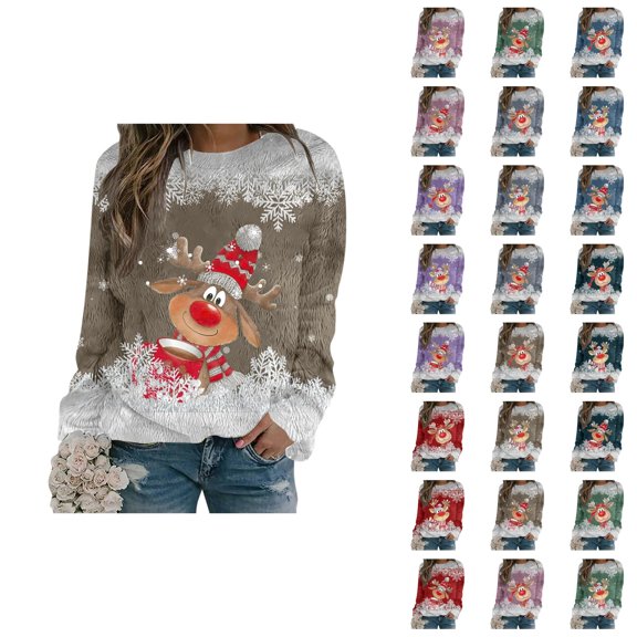 Christmas Reindeer Sweatshirts for Women 2025 Long Sleeve Crewneck Snowflake Deer Graphic Sweatshirt Pullover Tops