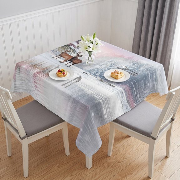 Christmas Reindeer Table Cloth Waterproof Tablecloths, Snowy Forest Winter Trees Pink Sunset Lake Tablecloth Dining Table Cover for Kitchen Party Tabletop Outdoor, Square Tablecloth 54x54 Inch