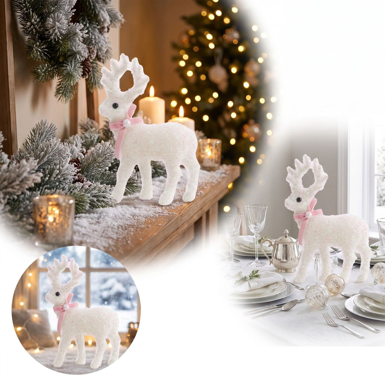 Christmas Reindeer Tabletop Decor, Glitter Standing Deer Figurine with Velvet Bow and Bells, Sparkly Holiday Ornament for Mantel, Tiered Tray, Window Sill and Xmas Party Centerpiece