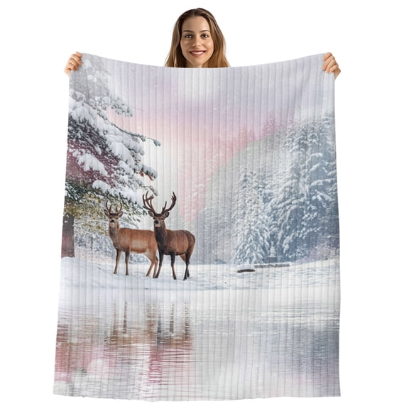 Christmas Reindeer Throw Blanket,Flannel Fleece Blanket with Striped Design for Couch,Snowy Forest Winter Trees Pink Sunset Lake Soft Breathable All Season Plush Blankets for Sofa Office Bed 50"x60"