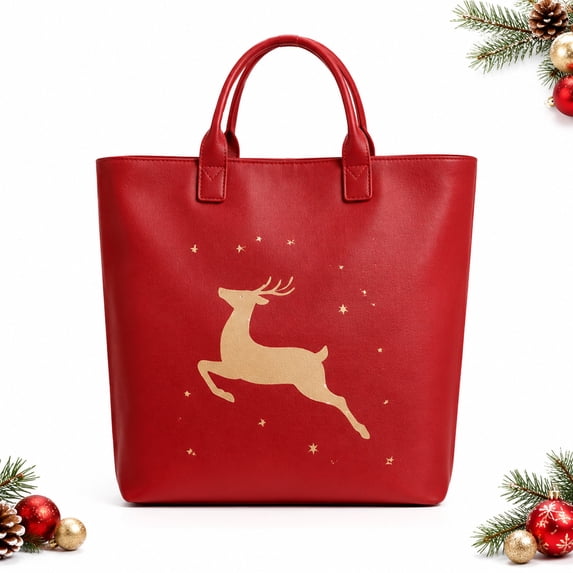 Christmas Reindeer Tote Bag for Women, Red Holiday Handbag with Gold Deer and Star Print, Large Festive Everyday Carry Bag, Spacious Canvas Shopping Tote with Double Handles