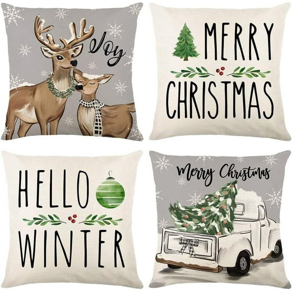 Christmas Reindeer Truck Pillow Covers 18 x 18 Inch Set of 4 Merry Christmas Hello Winter Throw Pillow Covers Gray White Xmas Holiday Decorative Pillow Covers Cushion Cases for Couch