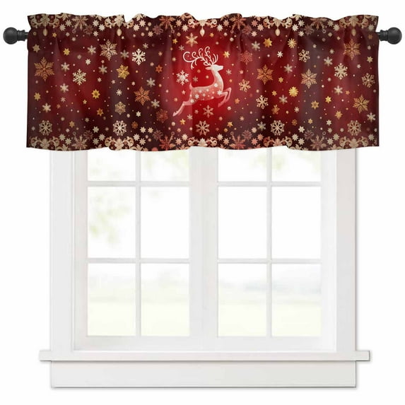 Christmas Reindeer Valances for Windows, Gold Snowflakes Winter Red Fantasy Light Filtering Window Treatment Valances, Rod Pocket Small Curtains for Kitchen/Bathroom, 42"x18"