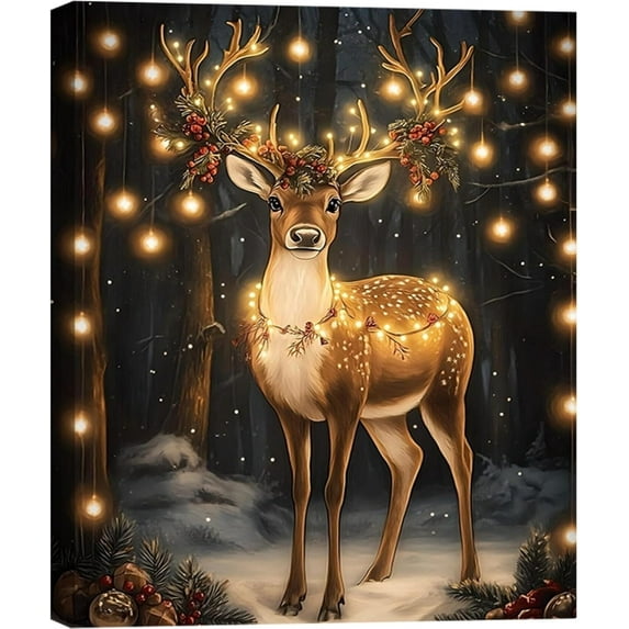 Christmas Reindeer Wall Art Framed, Cottage Winter Forest Wildlife Deer Picture Wall Decor, Rustic Xmas Cozy Winter Hanging Canvas Prints for Home Bedroom Living Room Decoration