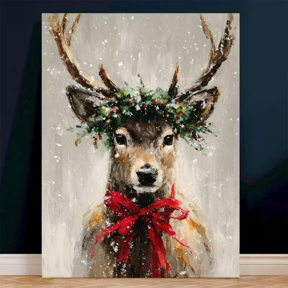 Christmas Reindeer Wall Art with Holly Wreath & Red Bow, 32x48 UNFRAMED