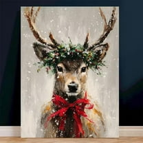 Christmas Reindeer Wall Art with Holly Wreath & Red Bow, 8x12 UNFRAMED
