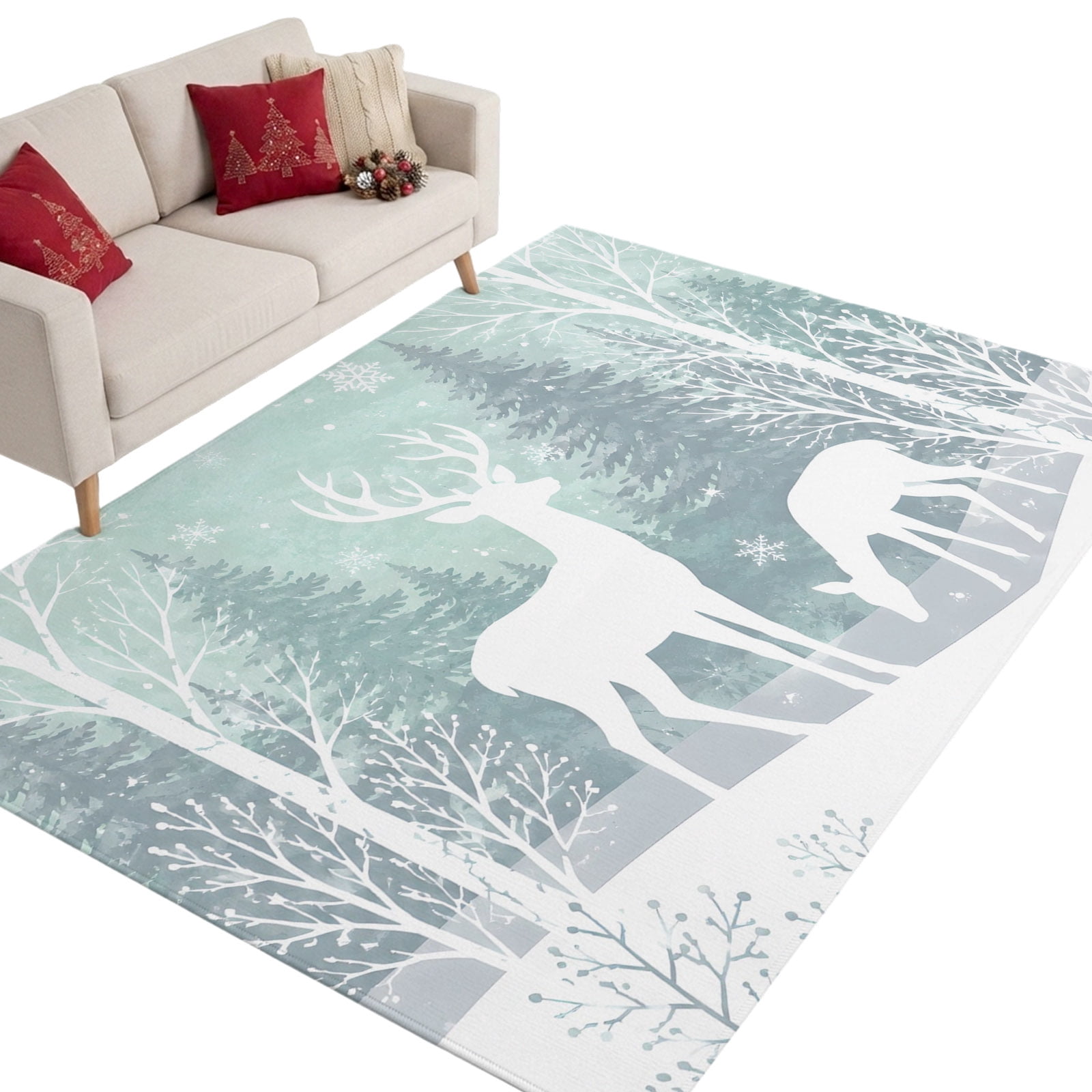 Christmas Reindeer Washable Area Rug 5 x 7 ft Winter Fantasy Woodland ...