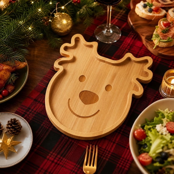 Christmas Reindeer Wooden Platter Tray, Handcrafted Solid Wood Serving Board for Appetizer Cheese Fruit, Festive Tabletop Decor for Family Dinner Party & Daily Kitchen Use,1Pcs