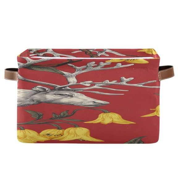 Christmas Reindeer Yellow Bell Shape Flowers Square Storage Bins with Handles Collapsible Containing Box 1 Pack