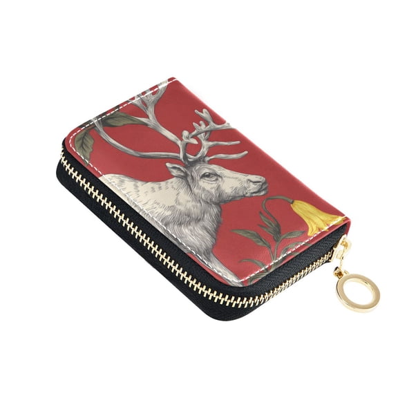 Christmas Reindeer Yellow Bell Shape Flowers Women's Credit Card Holder PU Leather Zipper Wallet RFID Blocking