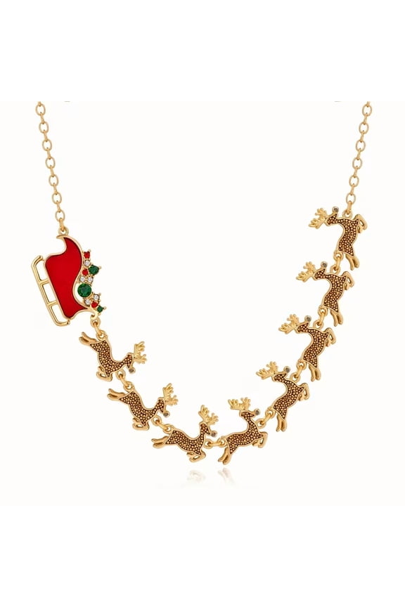 Christmas Reindeer and Sleigh Necklace, Gold Tone Holiday Jewelry with Santa Sleigh Pendant, Festive Statement Necklace for Women