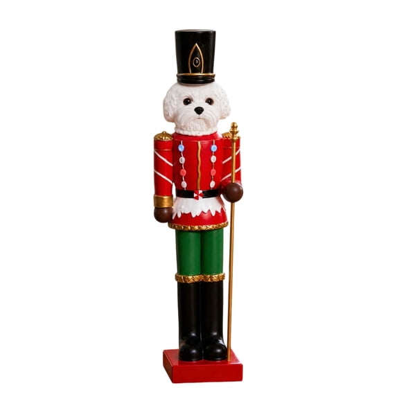 Christmas Resin Dog Nutcracker Figurine Toy Soldier with Golden Scepter Red Green Uniform for Mantel Shelf Tabletop Decor