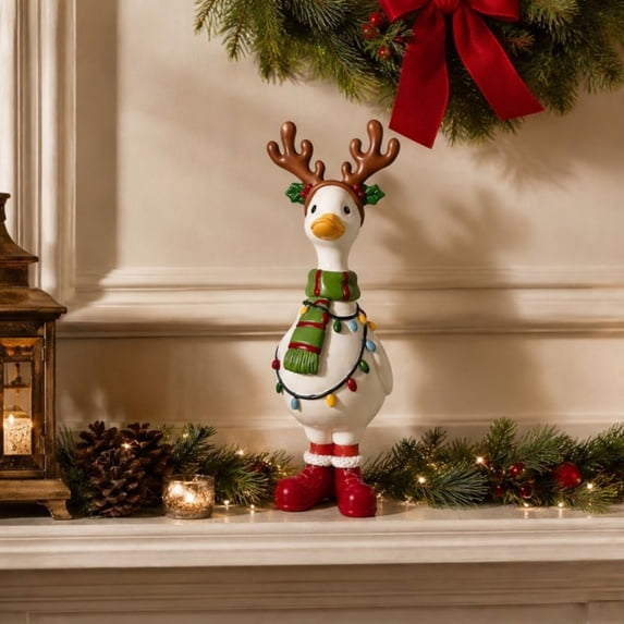 Christmas Resin Duck Statue With Reindeer Antlers And Light String Scarf, Tabletop Xmas Home Decor