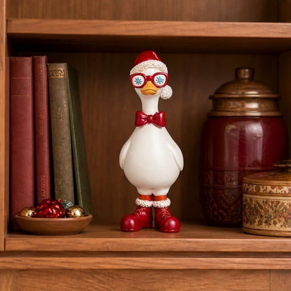 Christmas Resin Duck Statue With Santa Hat And Snowflake Glasses, Desktop Holiday Decoration For Shelf Display