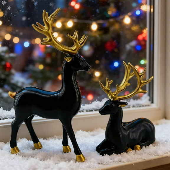 Christmas Resin Elk Figurines, Lucky Sitting and Standing Deer Statues 2pcs Resin Couple Deer Sculptures Mini Xmas Deer Statue for Living Room,Bedroom,Office Desktop