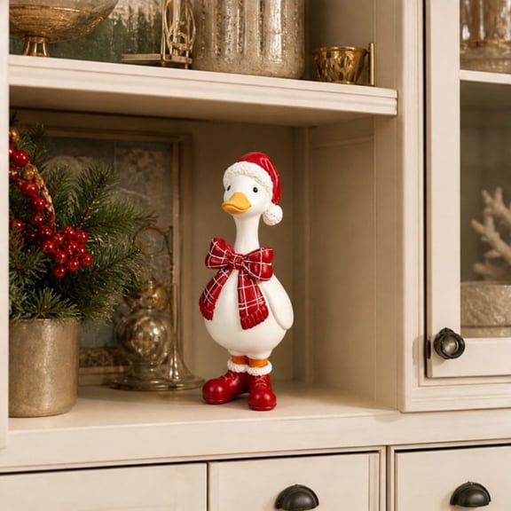 Christmas Resin Goose Figurine, Red Bow Goose, Whimsical Holiday Duck Statue for Mantel, Shelf and Tabletop Display, Festive Animal Decoration and Christmas Gift