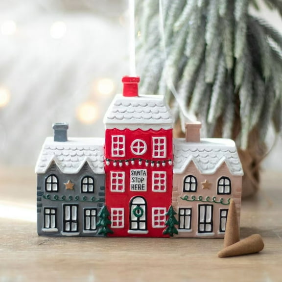 Christmas Resin Incense Cone Burner Row Snow House Ornament Winter Cottage Shaped Incense Holder