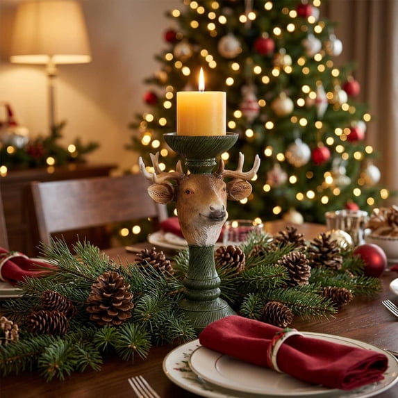 Christmas Resin Reindeer Head Candle Holder, Rustic Reindeer Candlestick, for Xmas Dinner, Mantel, Home Decoration