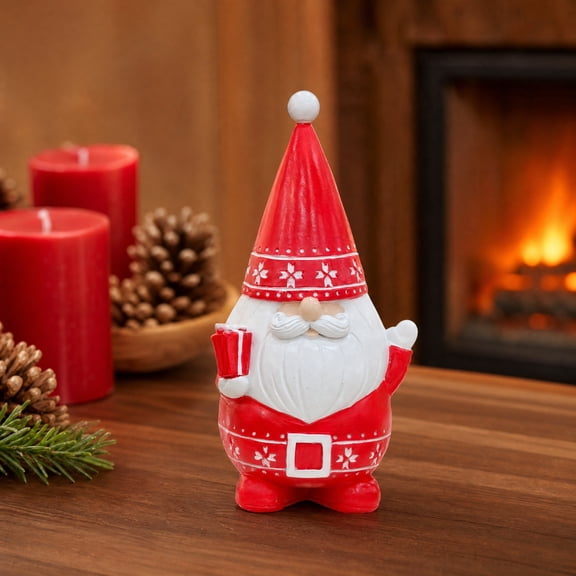 Christmas Resin Santa Gnome Statue with Red Snowflake Hat, Holiday Dwarf Figurine Holding Gift Box for Tabletop Fireplace Decor, 7.9 In